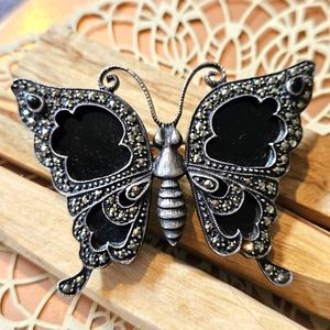Vintage Sterling Silver Marcasite/Onyx Butterfly Brooch